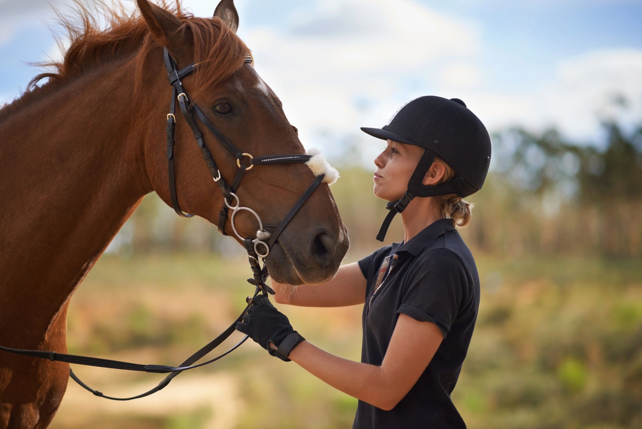 Rider showing affection to a chestnut horse.